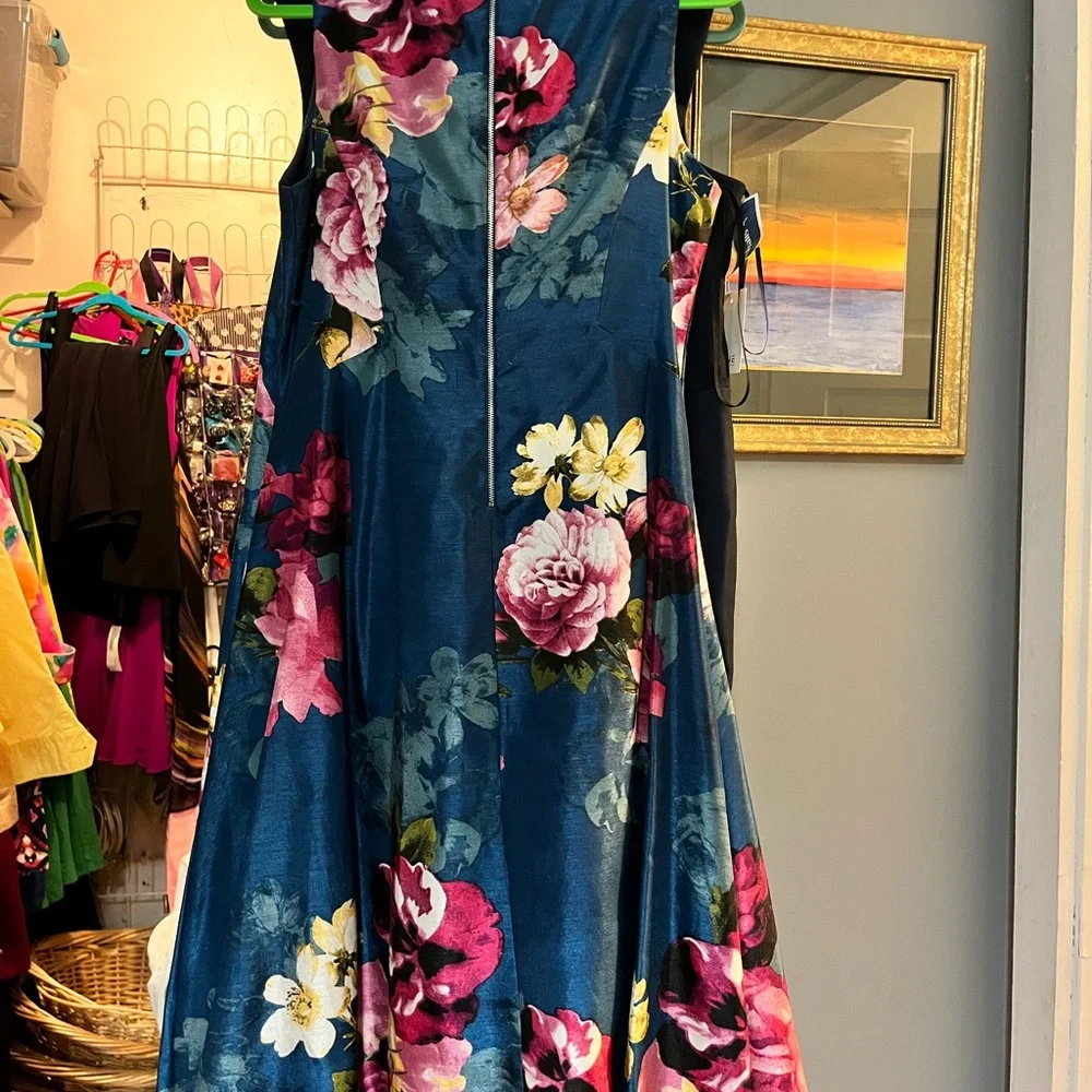 Roz & Ali Teal Floral A-Line Dress with Pink and Yellow Blooms - Picture 2 of 4